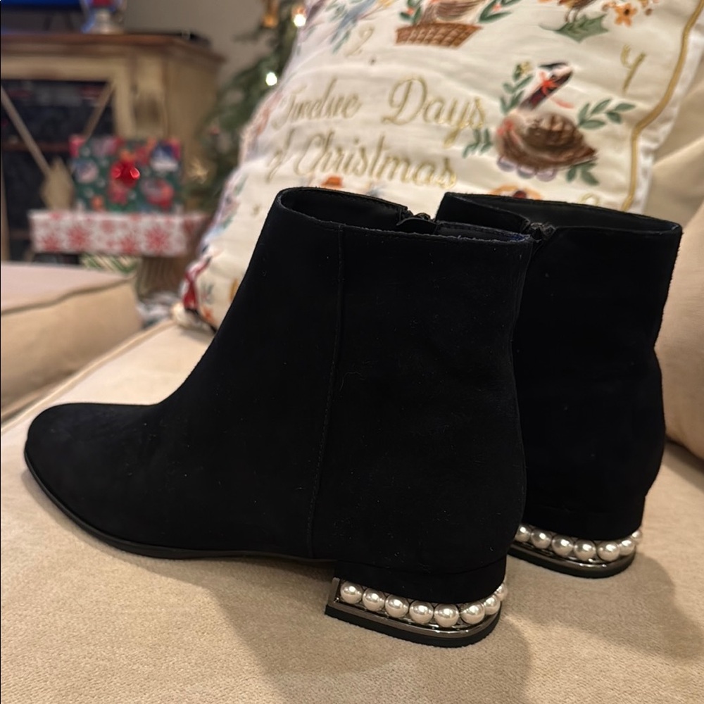 Neiman Marcus Black Ankle Boots with Pearl Accent